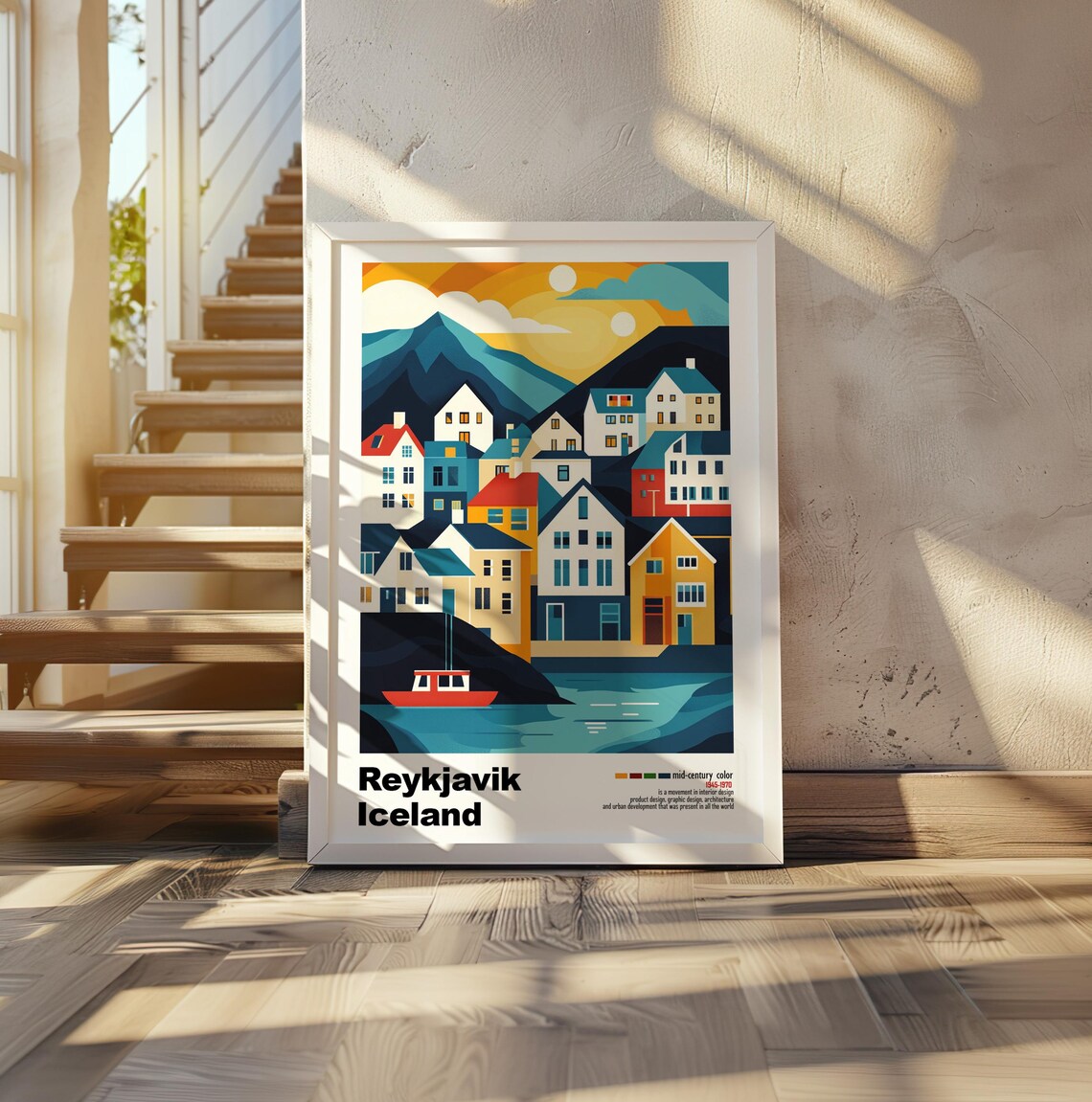 Reykjavik Iceland Harbor Houses Sunset Mid Century Travel Poster - Image 2