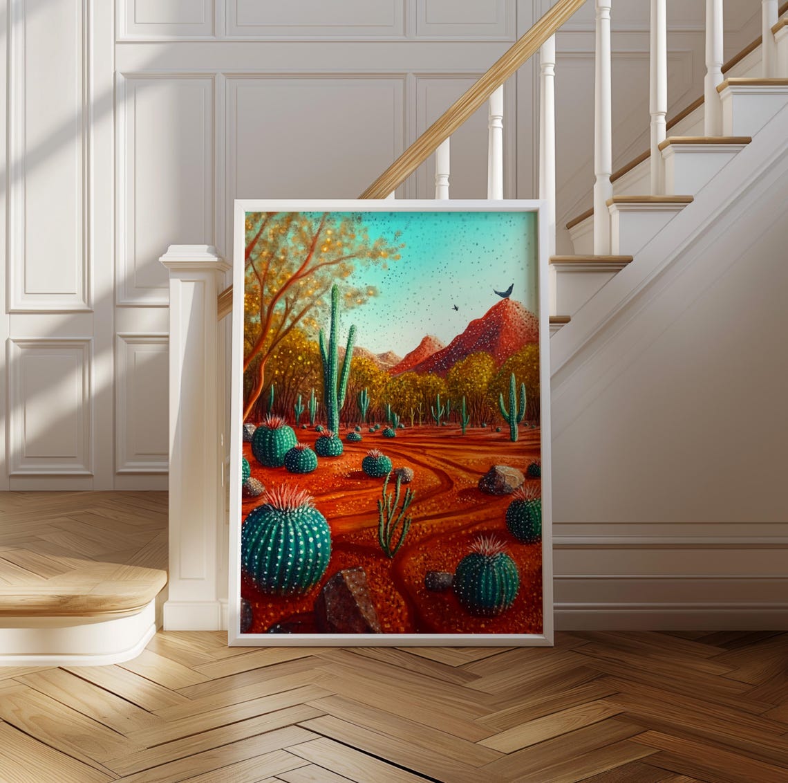 Saguaro and Barrel Cactus Desert Landscape with Birds Art Poster - Image 2