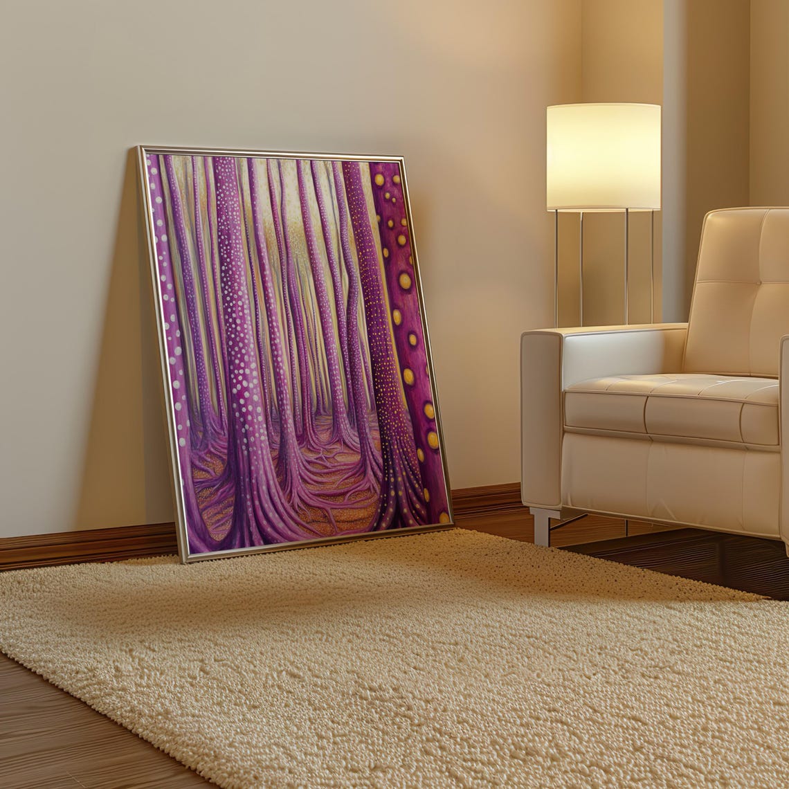 Kusama Inspired Purple Dotted Forest Tree Trunk Pathway Poster - Image 3