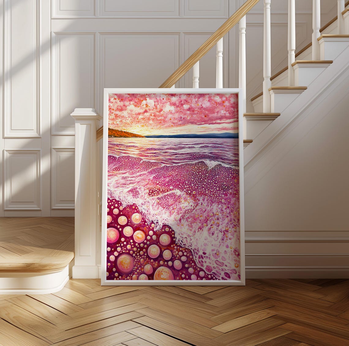 Vibrant Pink Polka Dot Ocean Waves at Magenta Sunset Art Poster