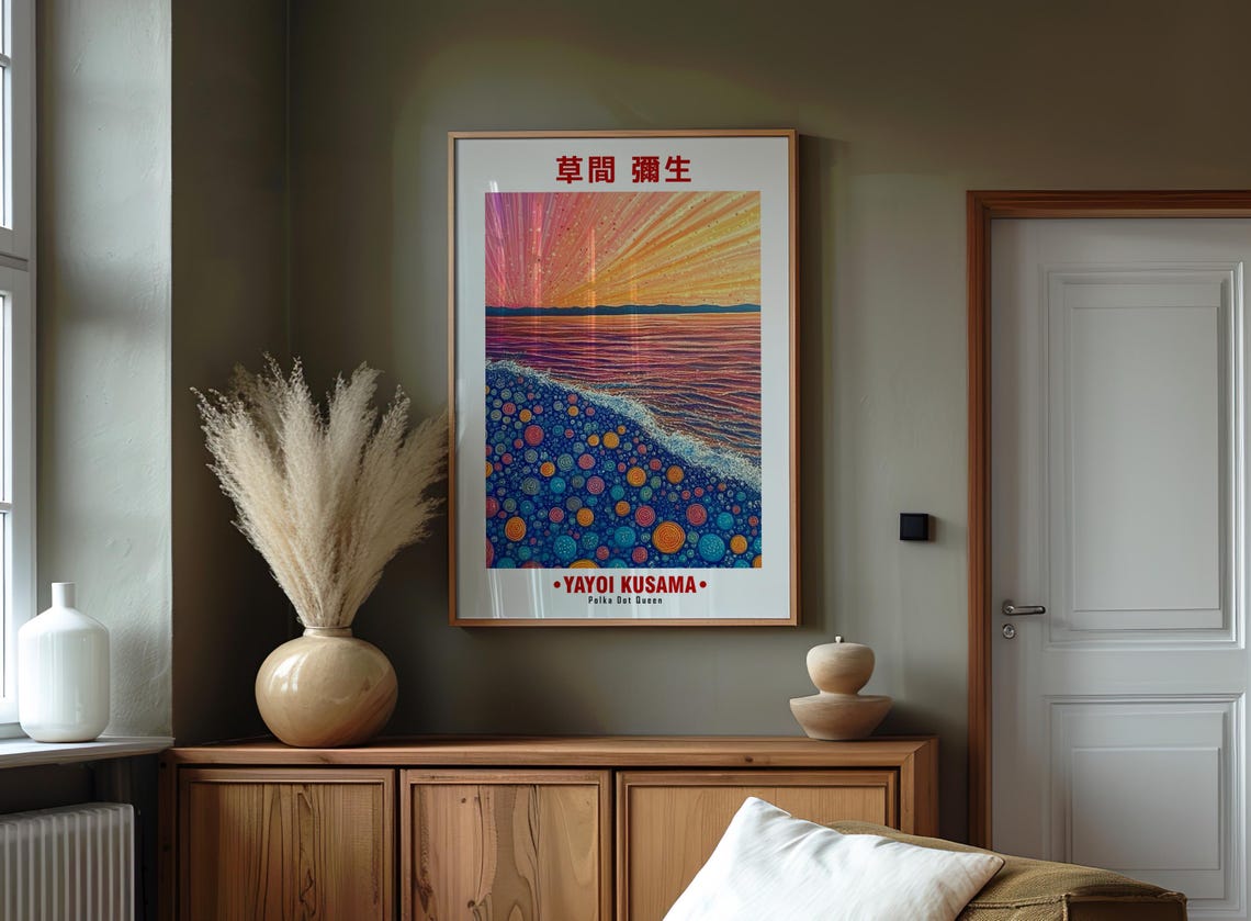 Vibrant Multicolor Polka Dot Sea Sunset Rays Kusama Inspired Poster - Image 2