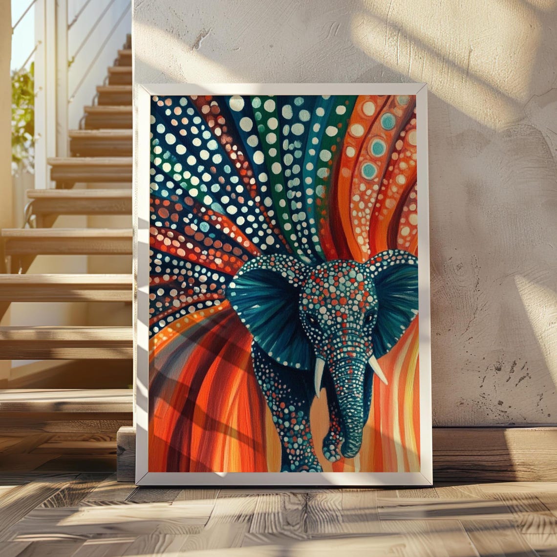 Charging Blue Dotted Elephant on Fiery Orange Background Poster