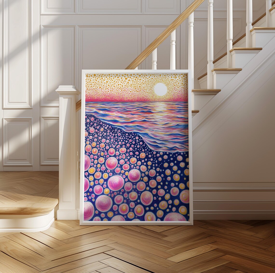 Vibrant Pink Polka Dot Sunset Over Purple Ocean Kusama Style Poster - Image 2