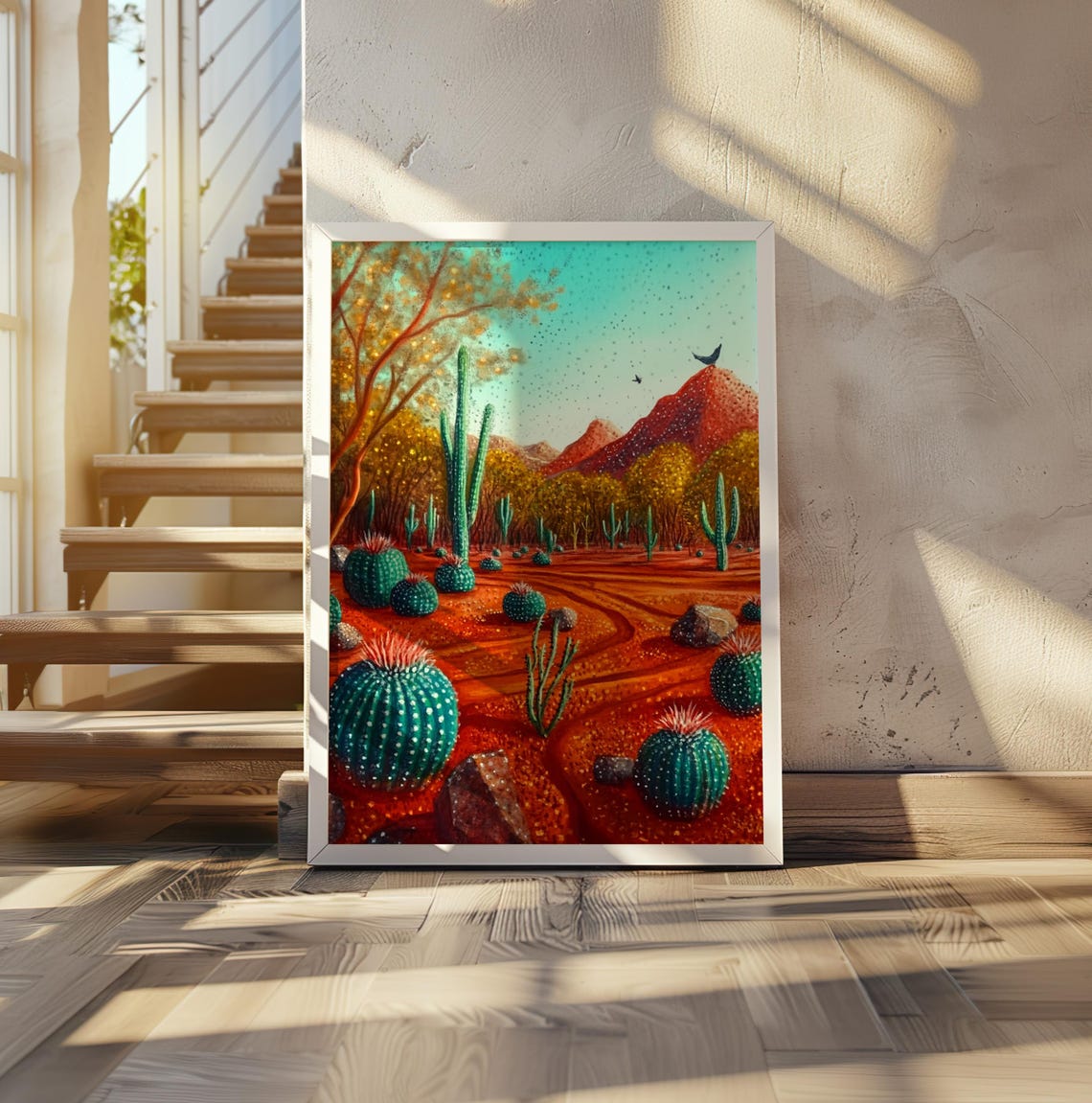 Saguaro and Barrel Cactus Desert Landscape with Birds Art Poster