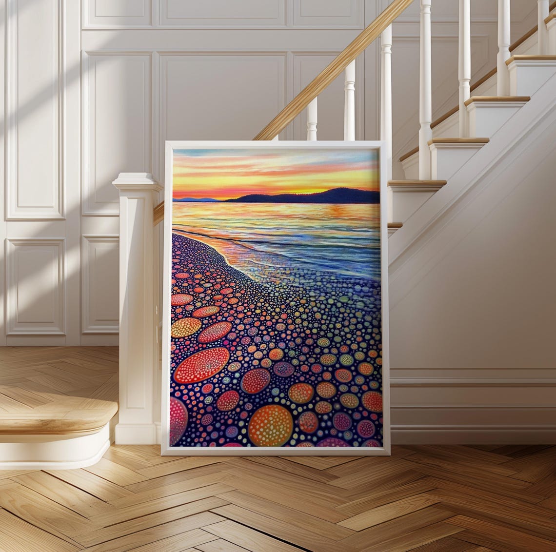 Kusama Inspired Dotted Pebble Beach Sunset Golden Shoreline Poster - Image 2