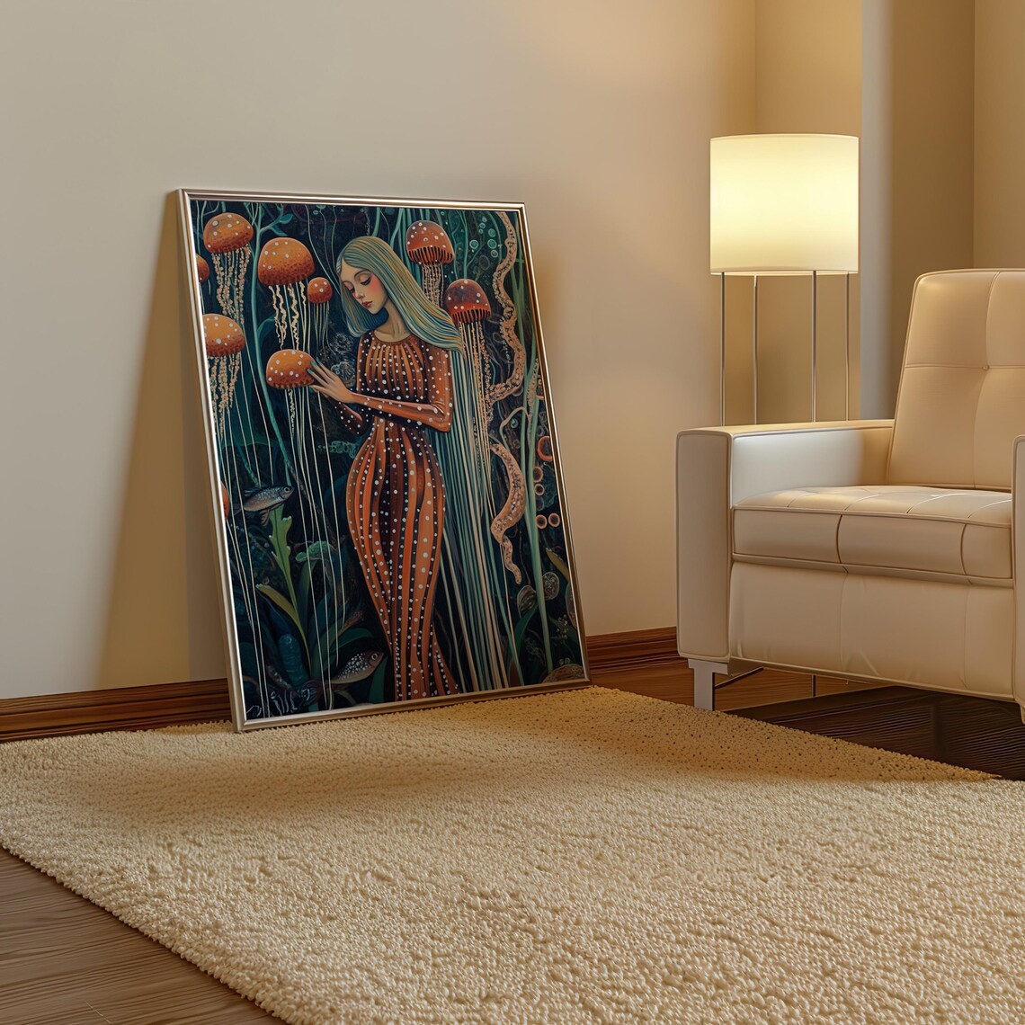 Kusama Inspired Woman Touching Orange Jellyfish Dots Art Poster - Image 3
