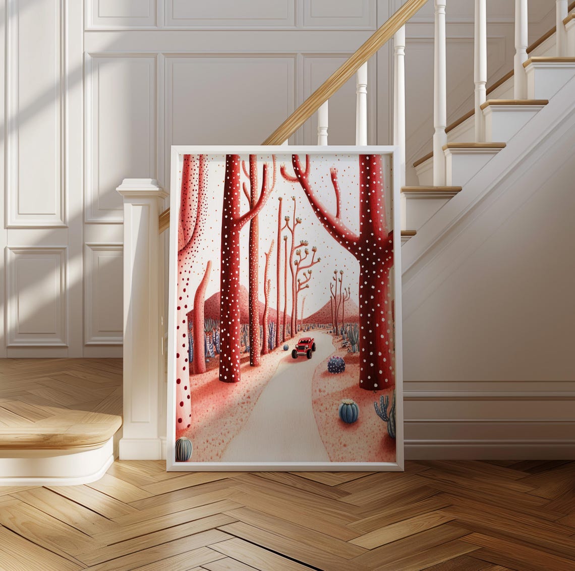 Red Desert Canyon Road with Polka Dot Trees and a Small Jeep Poster - Image 2