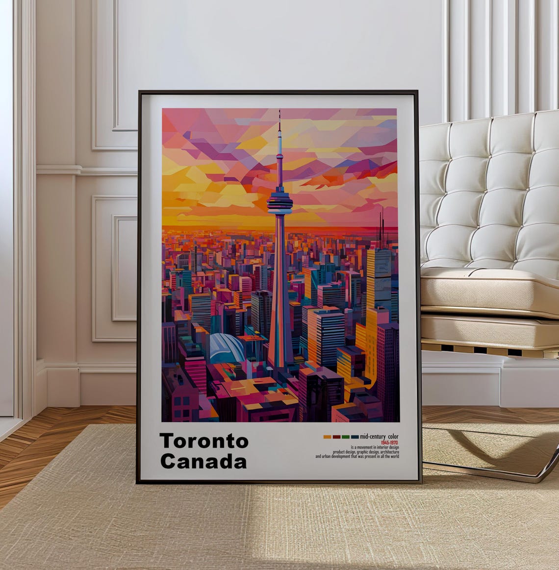 Toronto Canada CN Tower Pink Sunset Skyline Mid Century Poster