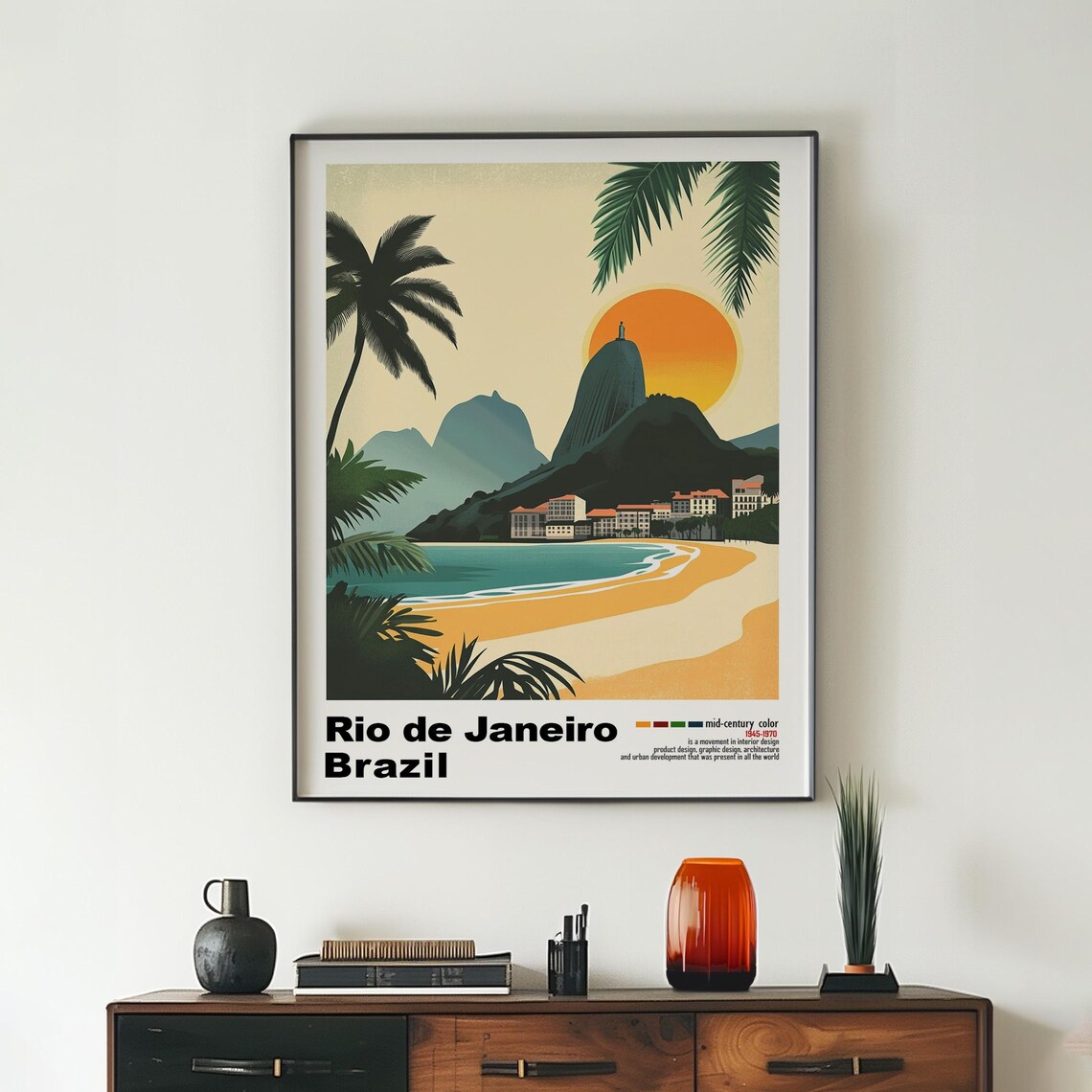 Rio de Janeiro Brazil Palm Tree Beach Cove Vintage Sunset Poster - Image 2