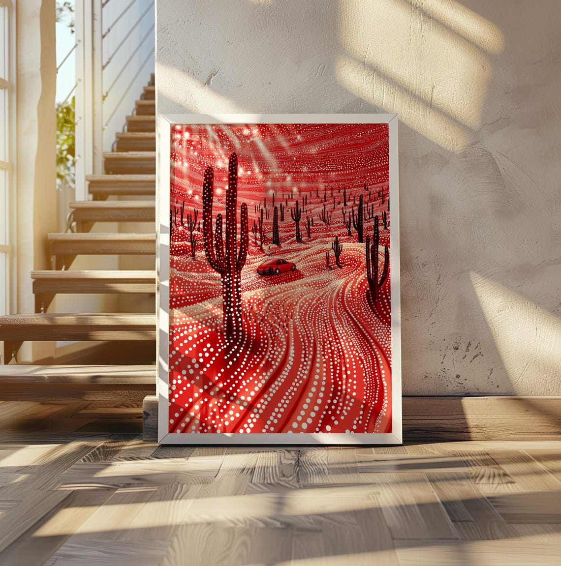 Red Car Crossing Red Dotted Saguaro Desert Kusama Style Poster