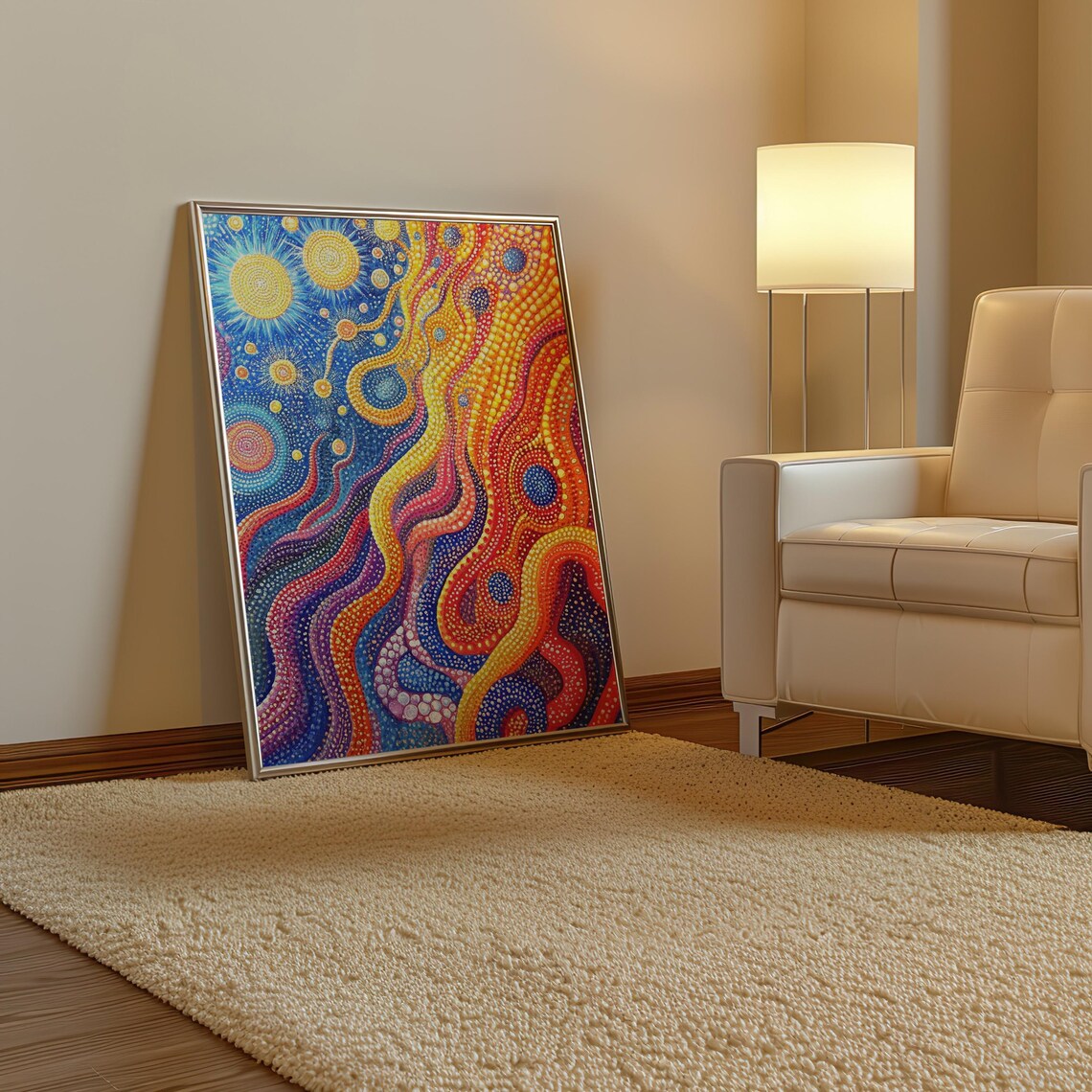 Abstract Flowing Rivers of Colorful Dots in Blue Gold and Red Poster - Image 3