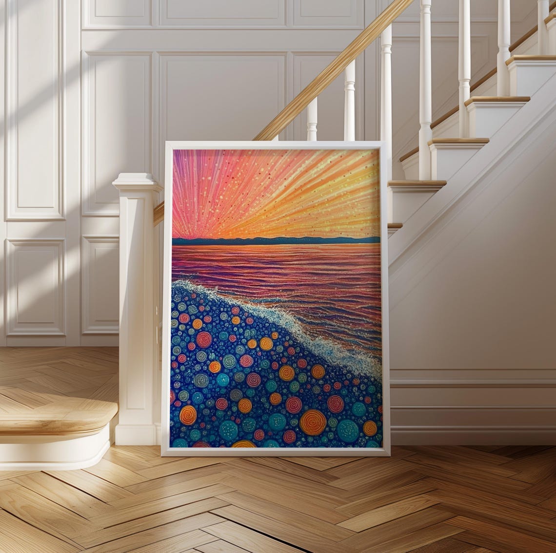 Rainbow Sunset Over Dotted Ocean Shoreline Kusama Style Poster - Image 2
