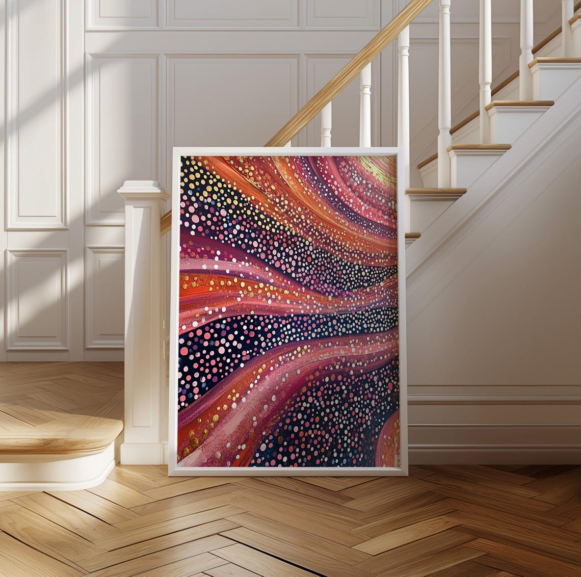 Kusama Inspired Abstract Flowing Dots Crimson Gold Navy Poster - Image 2