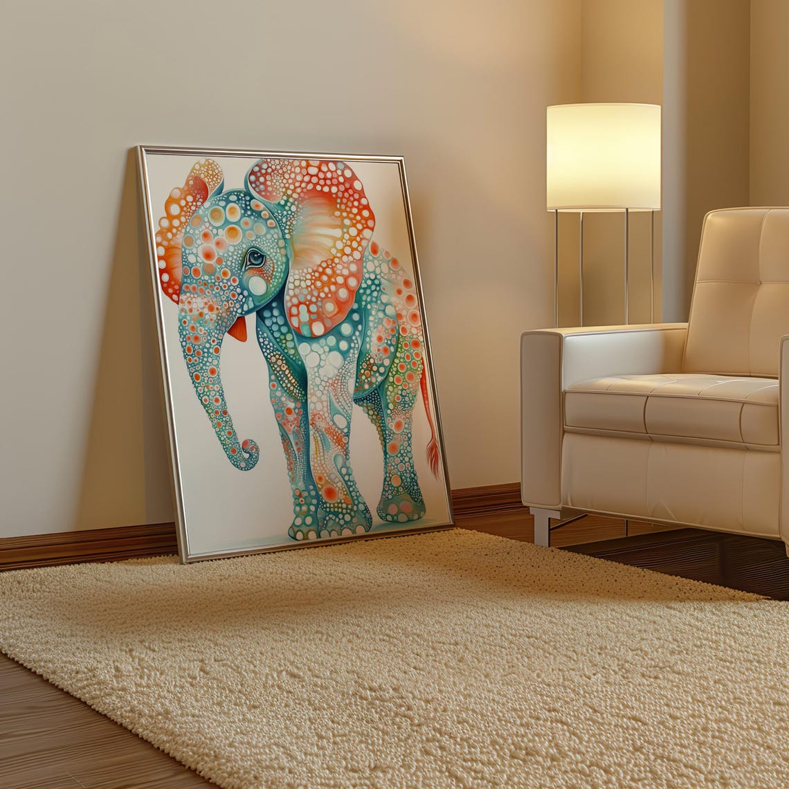 Sweet Baby Elephant in Teal and Orange Polka Dot Style Art Poster - Image 3