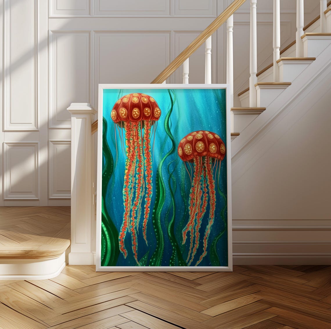 Kusama Inspired Red Dotted Jellyfish Pair in Teal Sea Poster - Image 2