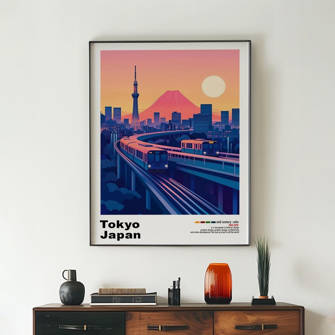 Tokyo Japan Mid Century Modern Travel Poster with Mt Fuji Skyline - Image 2