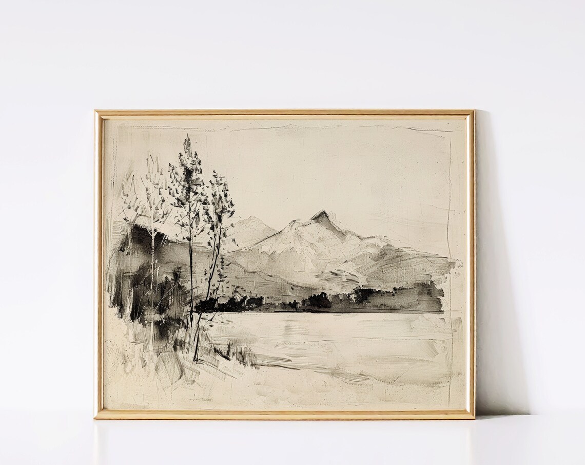 Mountain Lake Pine Trees Monochrome Ink Wash Landscape Sketch Print