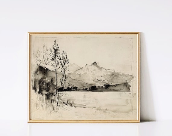 Vintage Lake Landscape Art Print Cottagecore Nature Sketch Art Neutral Mountains Lake Trees Instant