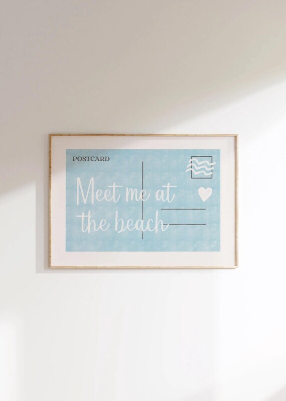 Meet Me At The Beach Blue Postcard Style With Wave Stamp Wall Decor Poster