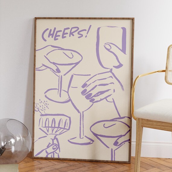 Cheers Purple Cocktail Glasses Hand Drawn Kitchen Party Poster