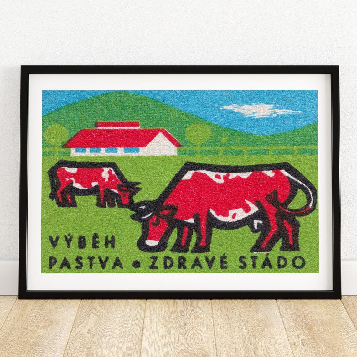Grazing Cows Healthy Herd Red Barn Vintage Czech Matchbox Poster