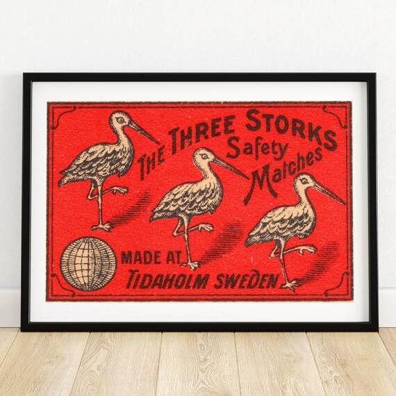 Three Storks Safety Matches Art Print Vintage Swedish Matchbox Label Retro Wall Decor Unique Collectible Design A4