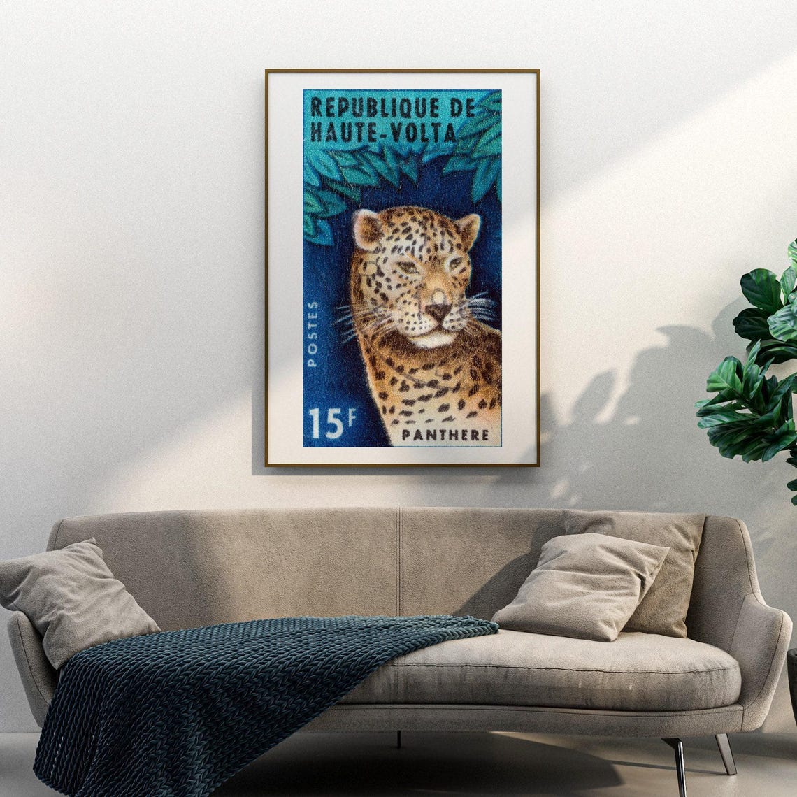 Haute Volta Panther Leopard 15F Vintage Postage Stamp Art Poster - Image 3