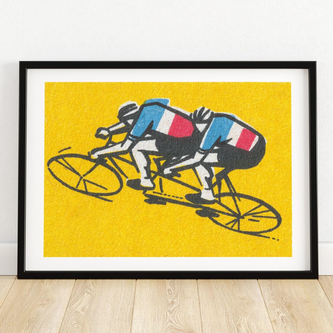 Tandem Cyclists Racing Yellow Vintage Matchbox Art Poster Speed