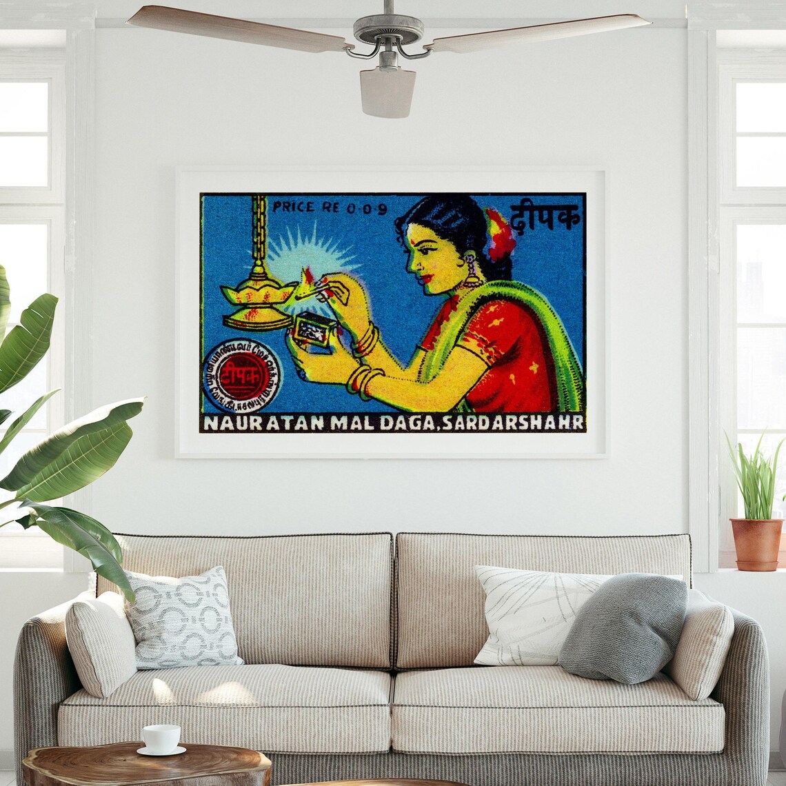 Indian Woman Lighting Diya Lamp Vintage Match Label Art Poster - Image 3