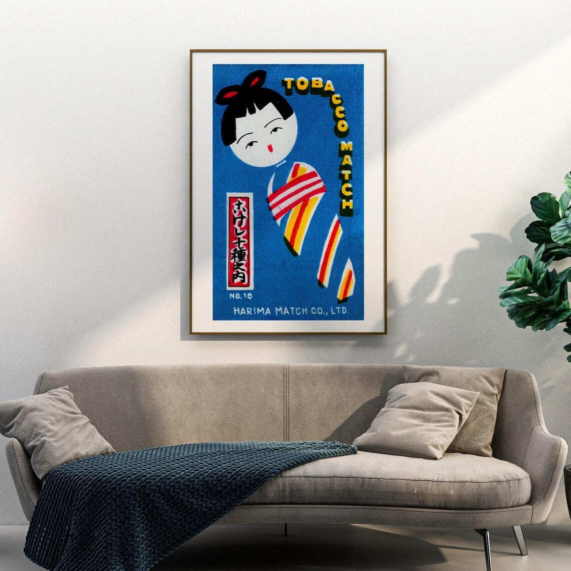 Harima Tobacco Match Japanese Doll Blue Matchbox Label Art Poster - Image 3