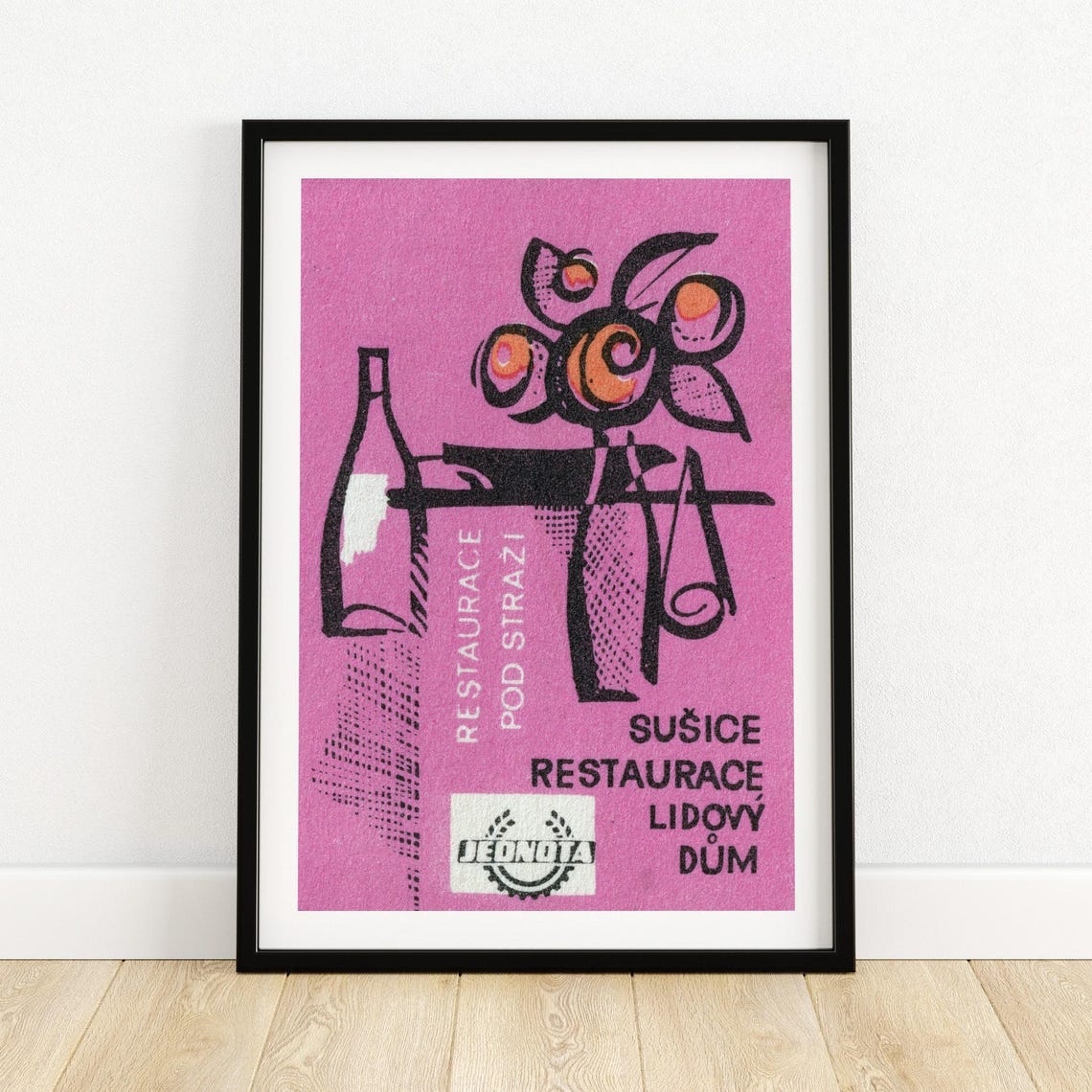 Czech Jednota Restaurant Label Pink Floral Still Life Retro Poster