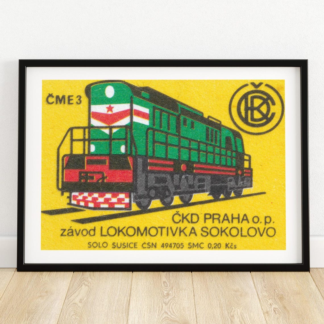 Green Diesel Locomotive Czech Vintage Railway Matchbox Poster