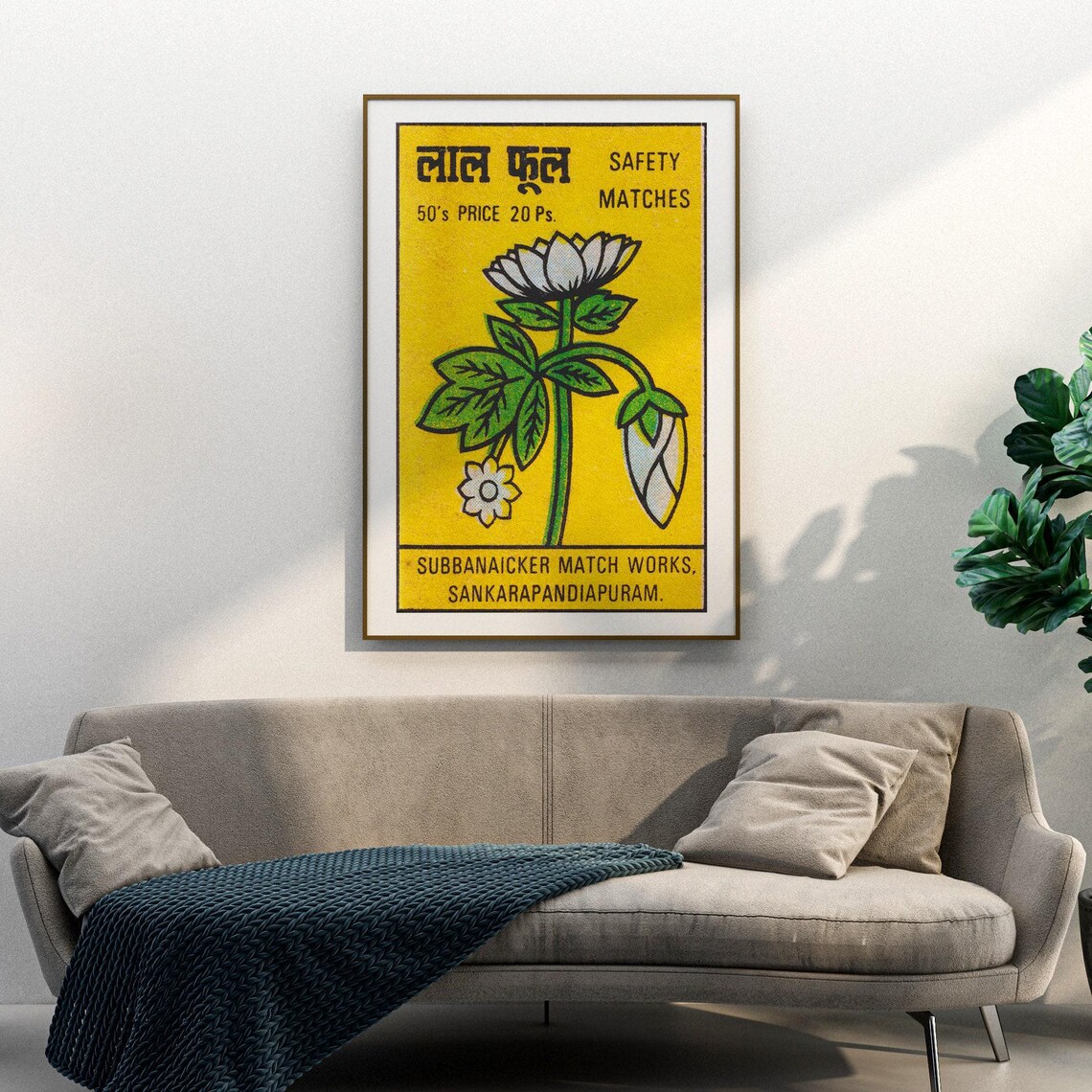 White Flowers Matchbox Print, Vintage India Poster - Image 3