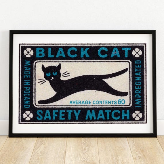 Black Cat Matchbox, Vintage Czech Art Print