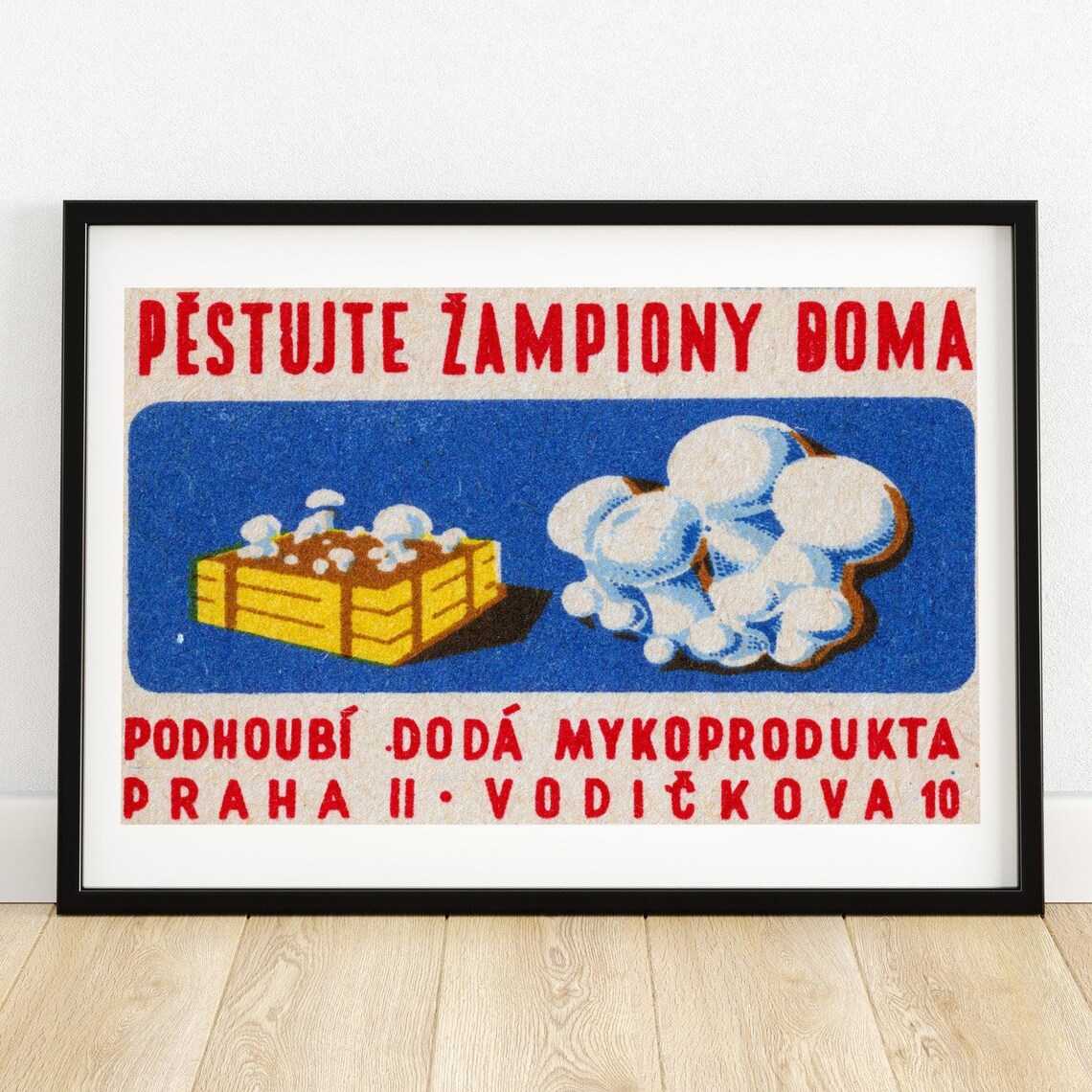 Pestujte Zampiony Doma Czech Mushroom Growing Vintage Ad Poster