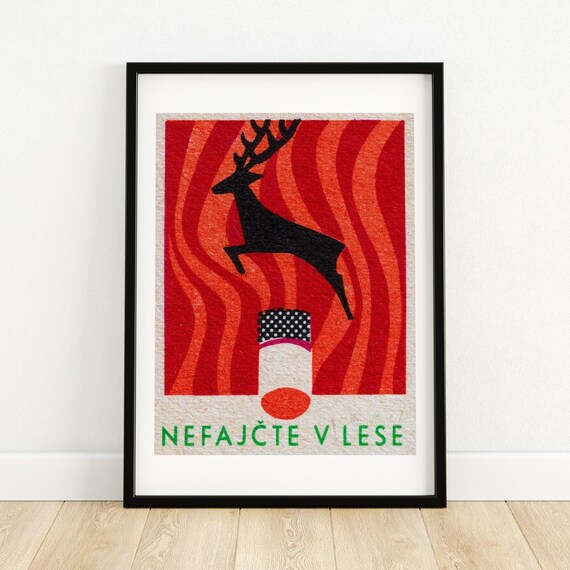 Nefajčte v Lese Leaping Deer No Forest Smoking Vintage Label Poster