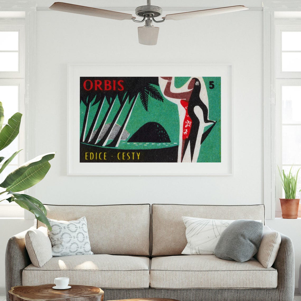 Orbis Tropical Island Woman Vintage Czech Travel Label Poster - Image 3