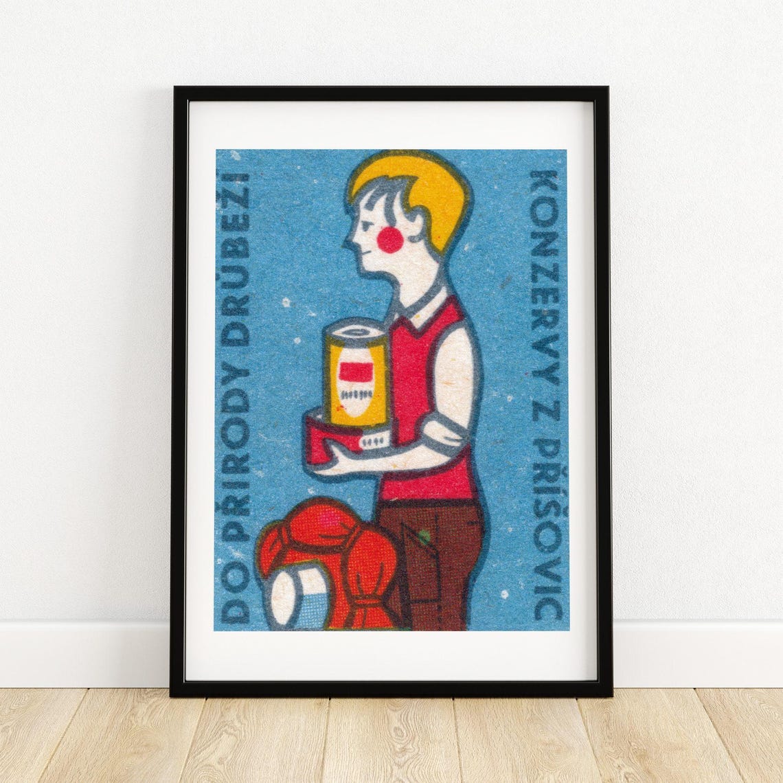 Boy With Cans Anti Litter Vintage Czech Matchbox Label Art Poster