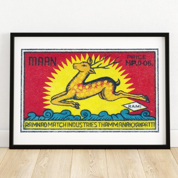 Maan Leaping Deer Sunburst Vintage Indian Matchbox Art Poster