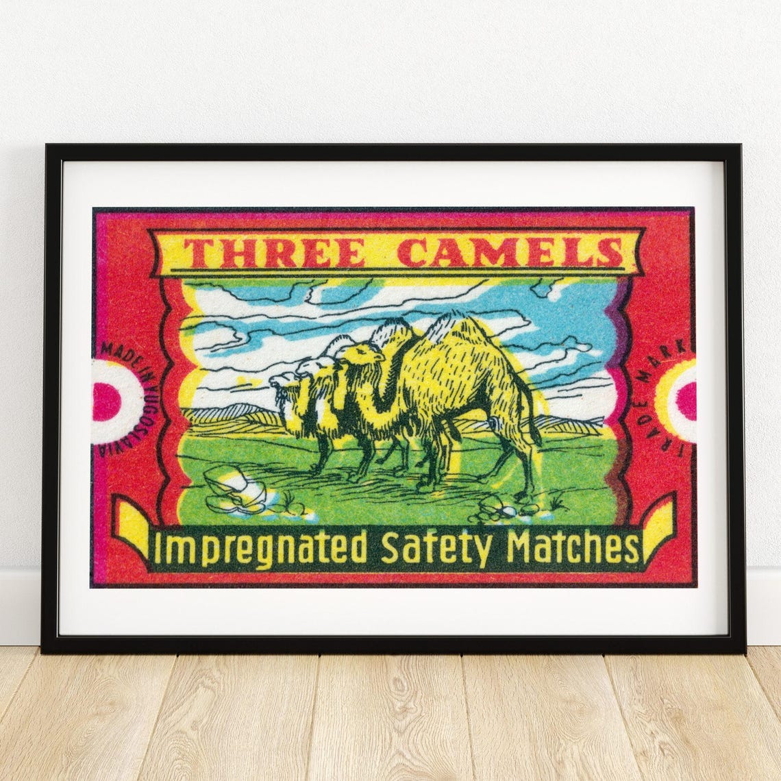 Three Camels Desert Scene Vintage Yugoslavian Matches Label Poster