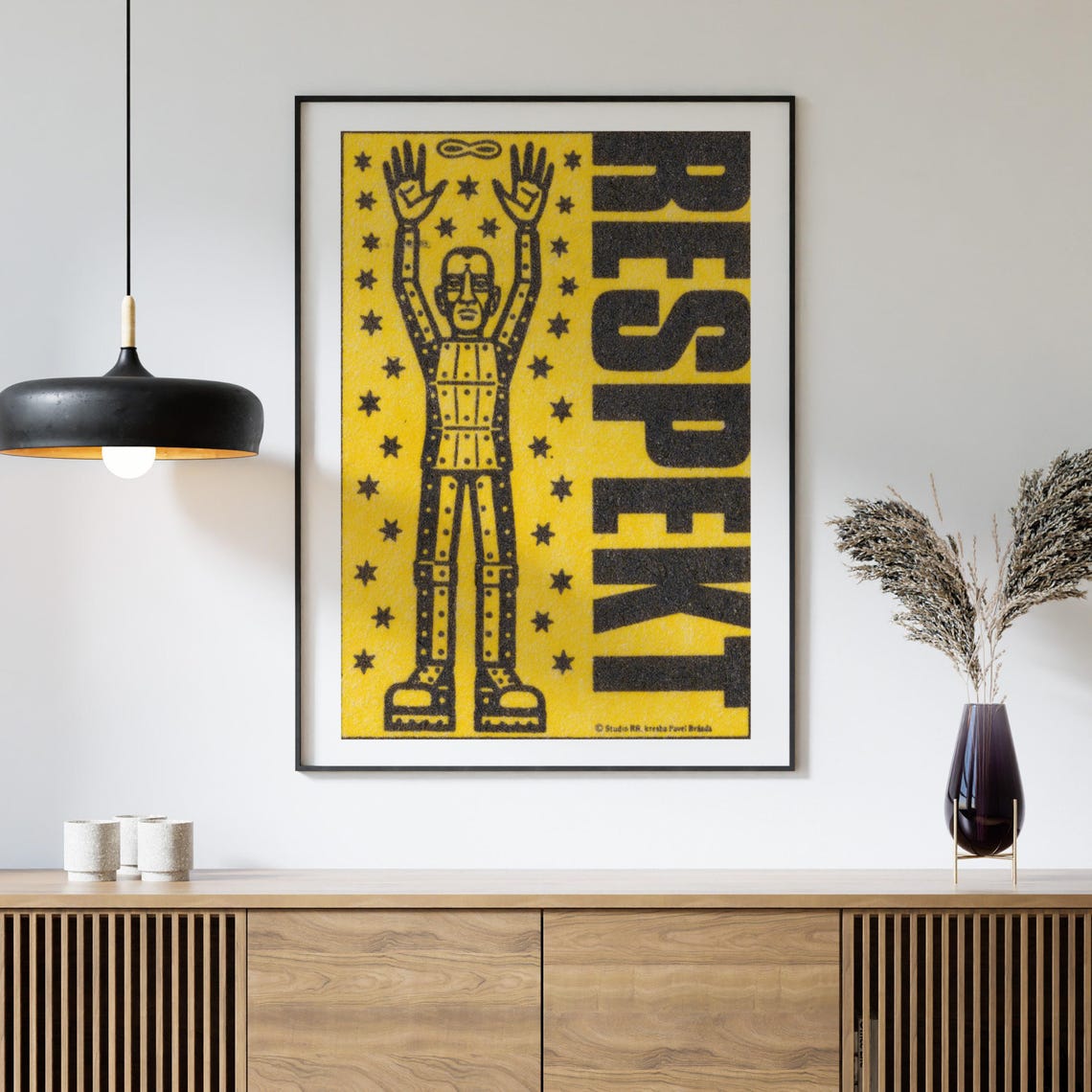 Respekt Tin Man Robot Stars Bold Yellow Matchbox Art Vintage Poster - Image 4
