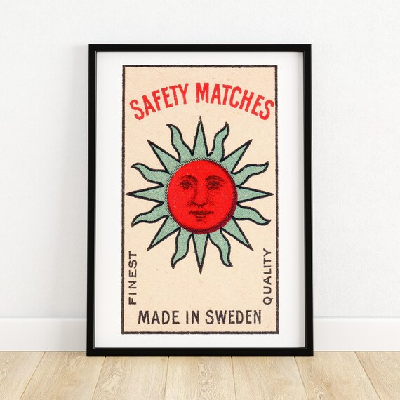 Sun Face Matchbox Art Print Scandinavian Graphic Design Vintage Swedish Safety Matches Mid Century Home Decor Unique Wall Art A4
