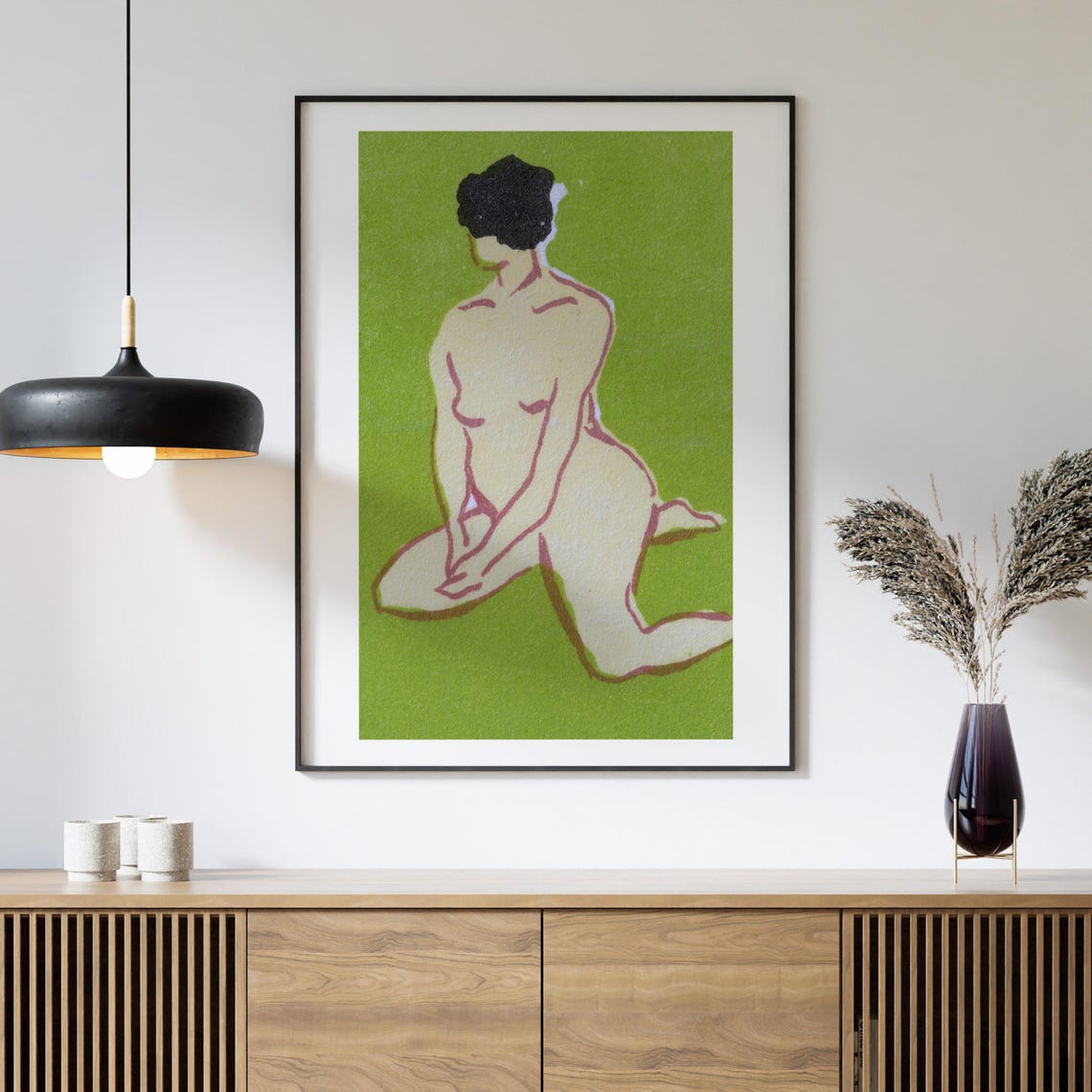 Kneeling Nude Woman Green Background Minimalist Line Drawing Art Poster - Image 4