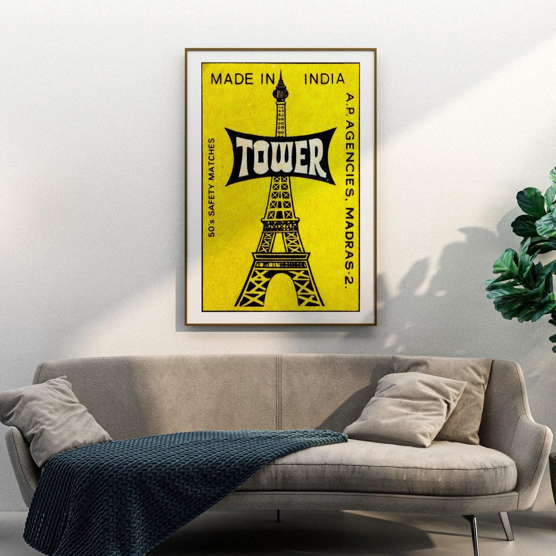 Tower Eiffel Tower Made In India Yellow Matchbox Label Art Poster - Image 3