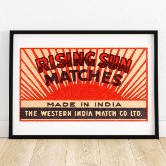 Rising Sun Matches Art Print Made In India Vintage Label Design Collectible Wall Art Unique Decor Gift A4