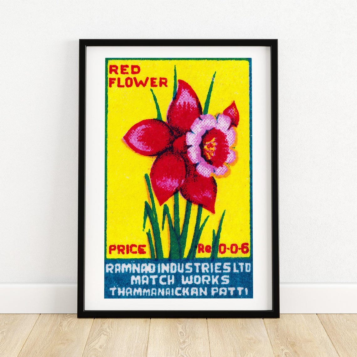 Red Flower Gladiolus Bloom Yellow Ground Vintage India Match Poster