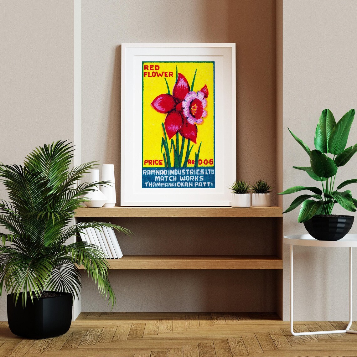 Red Flower Gladiolus Bloom Yellow Ground Vintage India Match Poster - Image 2