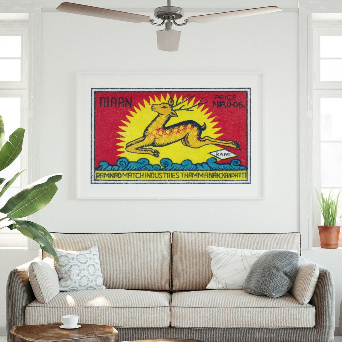 Maan Leaping Deer Sunburst Vintage Indian Matchbox Art Poster - Image 3