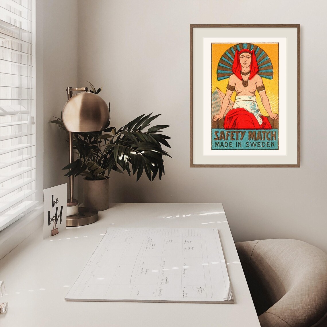 Egyptian Woman Fan Headdress Pyramids Swedish Safety Match Art Poster - Image 2