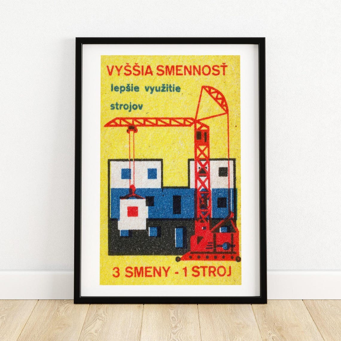 Red Construction Crane Slovak Shift Work Matchbox Label Art Poster